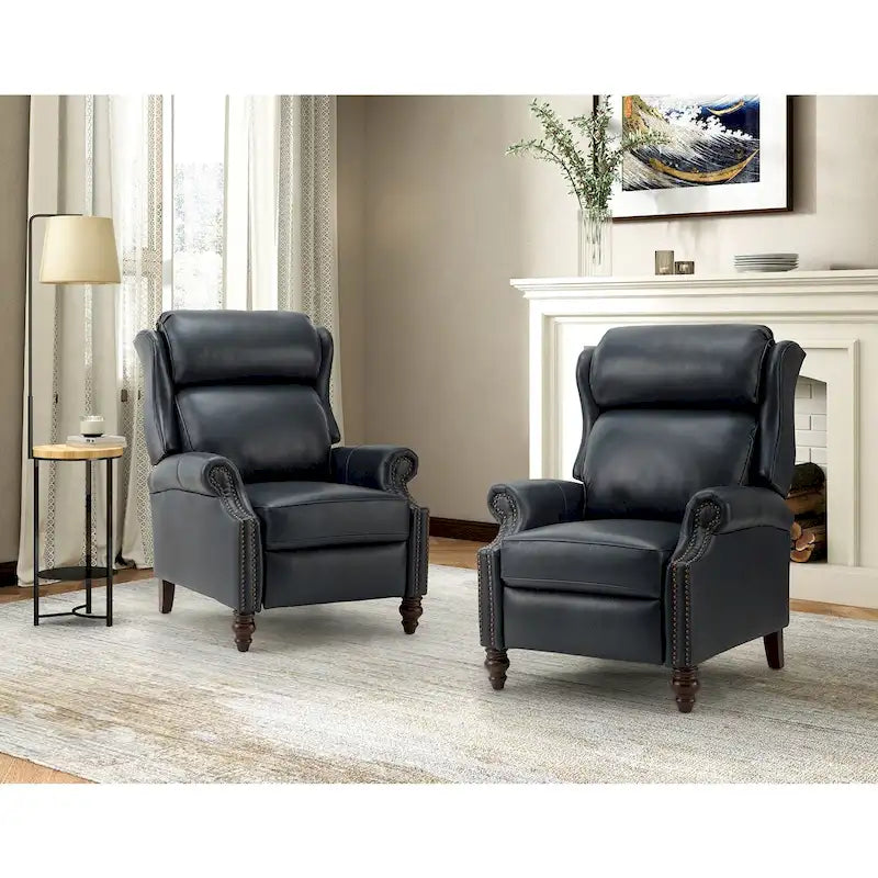 Classic Leather Push-Back Recliner Chair with Wingback Nailhead Trim and Turned Wood Legs Set of 2