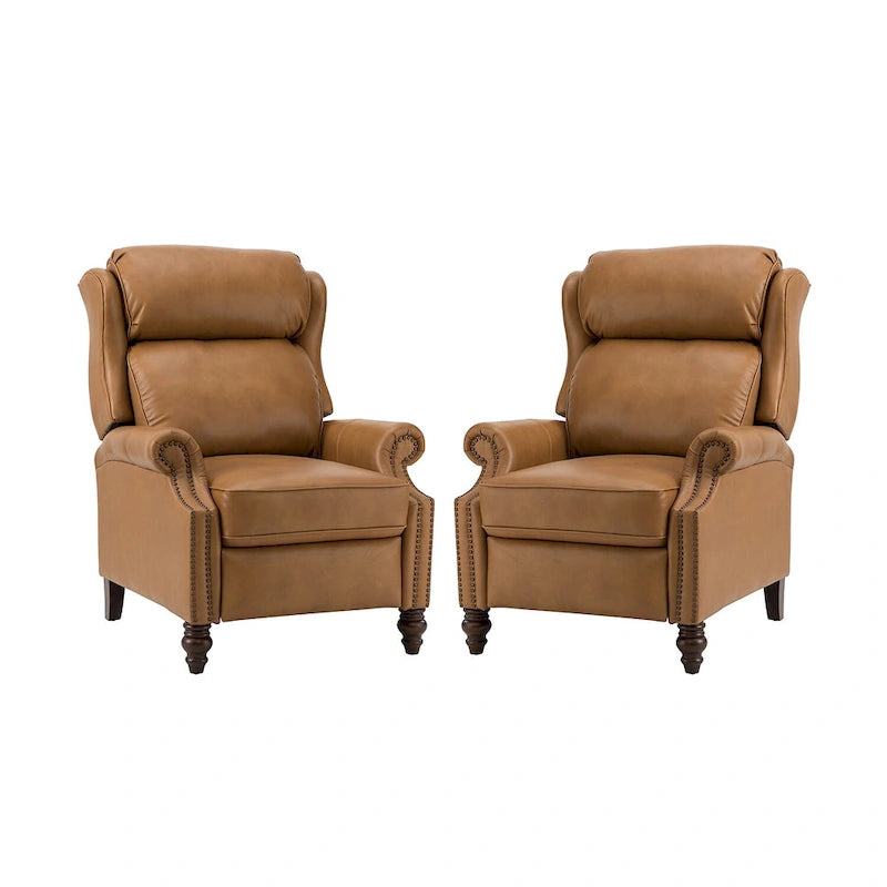 Classic Leather Push-Back Recliner Chair with Wingback Nailhead Trim and Turned Wood Legs Set of 2
