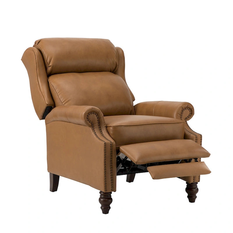 Classic Leather Push-Back Recliner Chair with Wingback Nailhead Trim and Turned Wood Legs Set of 2