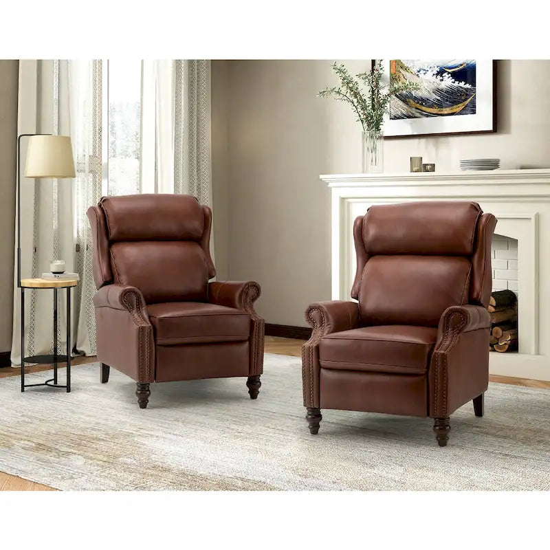 Classic Leather Push-Back Recliner Chair with Wingback Nailhead Trim and Turned Wood Legs Set of 2
