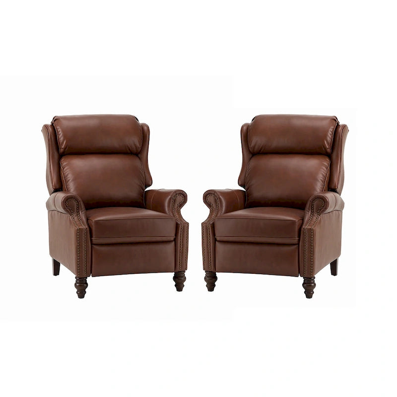 Classic Leather Push-Back Recliner Chair with Wingback Nailhead Trim and Turned Wood Legs Set of 2