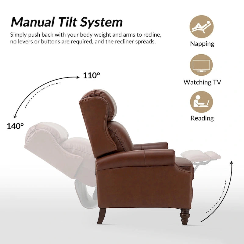 Classic Leather Push-Back Recliner Chair with Wingback Nailhead Trim and Turned Wood Legs Set of 2