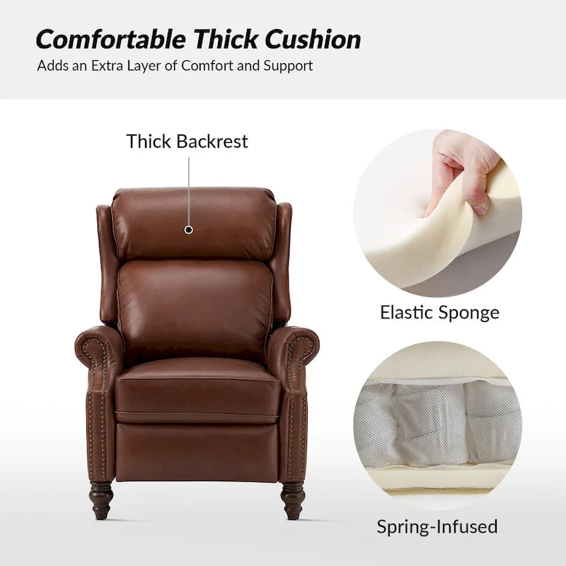 Classic Leather Push-Back Recliner Chair with Wingback Nailhead Trim and Turned Wood Legs Set of 2