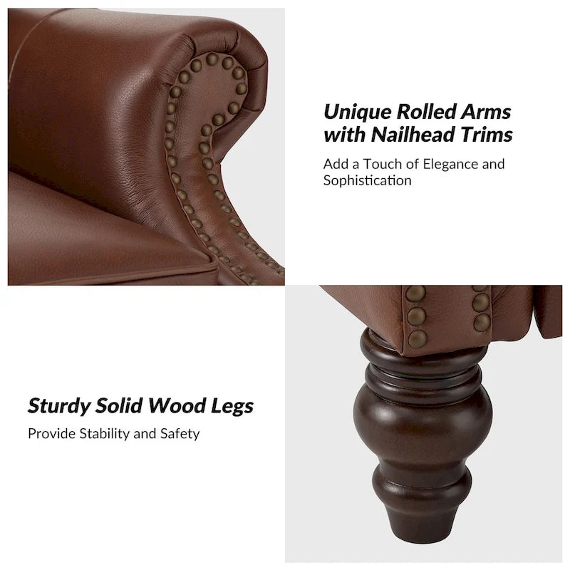 Classic Leather Push-Back Recliner Chair with Wingback Nailhead Trim and Turned Wood Legs Set of 2