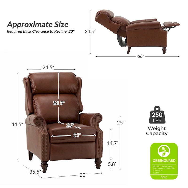 Classic Leather Push-Back Recliner Chair with Wingback Nailhead Trim and Turned Wood Legs Set of 2