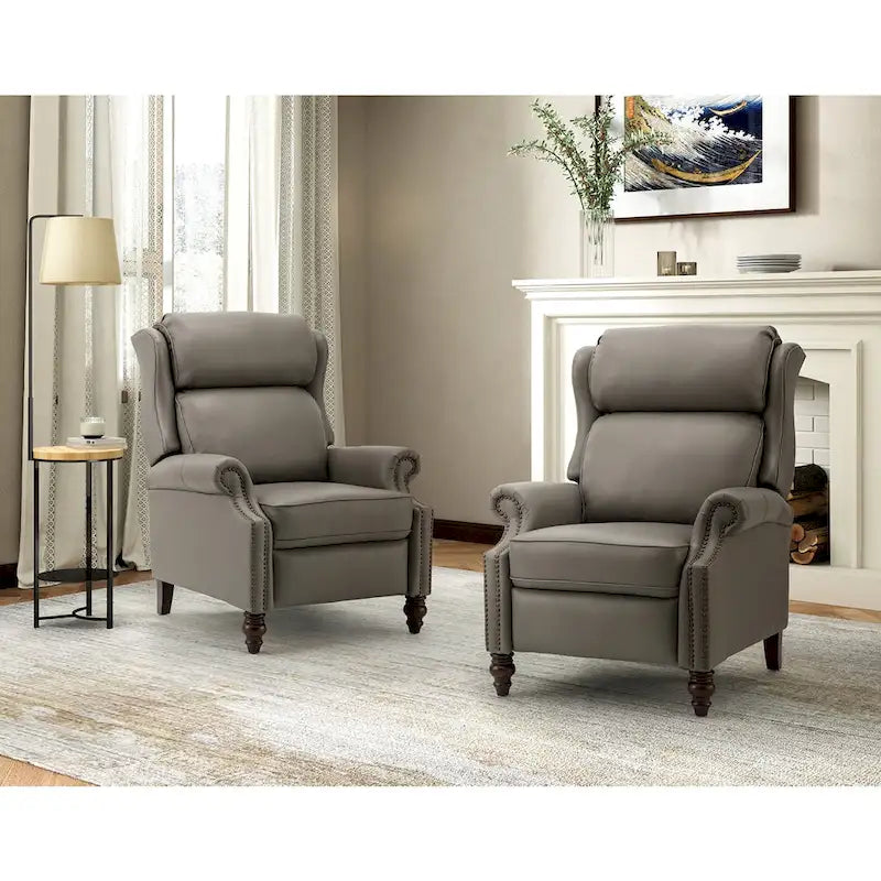 Classic Leather Push-Back Recliner Chair with Wingback Nailhead Trim and Turned Wood Legs Set of 2