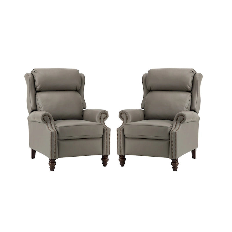 Classic Leather Push-Back Recliner Chair with Wingback Nailhead Trim and Turned Wood Legs Set of 2
