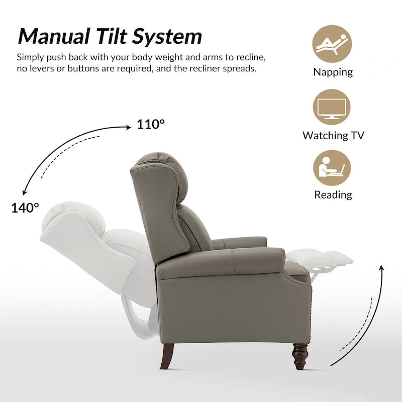 Classic Leather Push-Back Recliner Chair with Wingback Nailhead Trim and Turned Wood Legs Set of 2