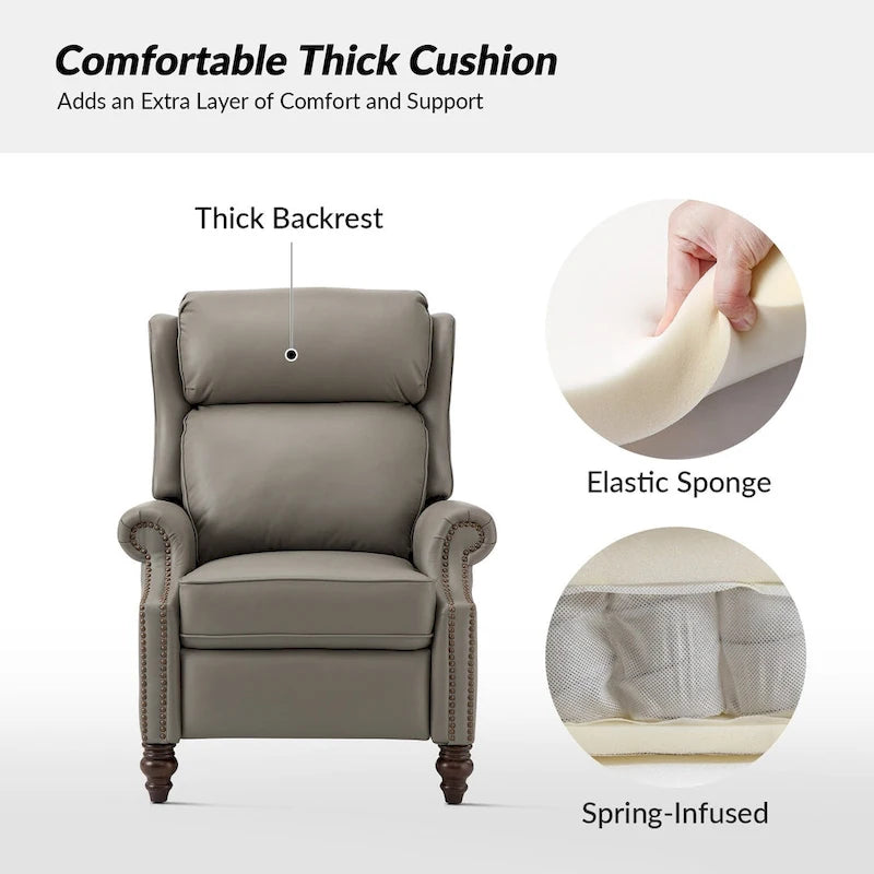 Classic Leather Push-Back Recliner Chair with Wingback Nailhead Trim and Turned Wood Legs Set of 2