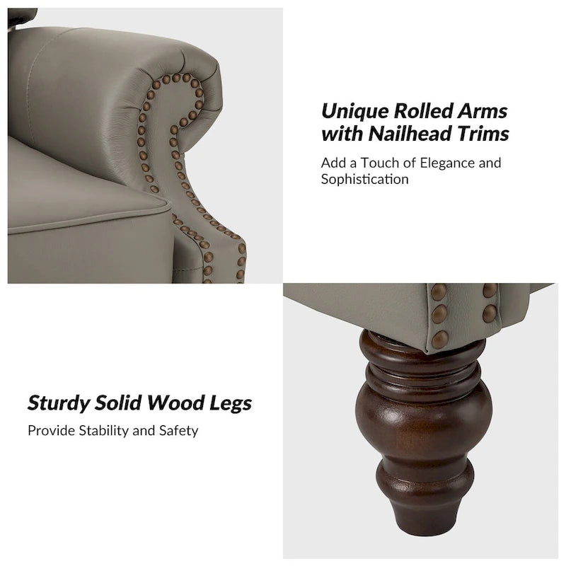 Classic Leather Push-Back Recliner Chair with Wingback Nailhead Trim and Turned Wood Legs Set of 2