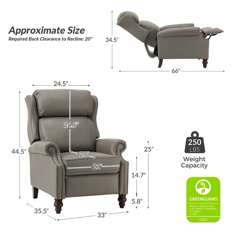 Classic Leather Push-Back Recliner Chair with Wingback Nailhead Trim and Turned Wood Legs Set of 2