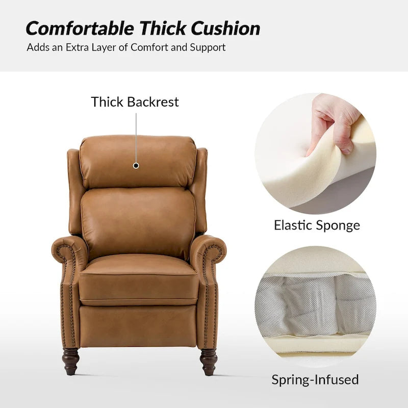 Classic Leather Push-Back Recliner Chair with Wingback Nailhead Trim and Turned Wood Legs Set of 2