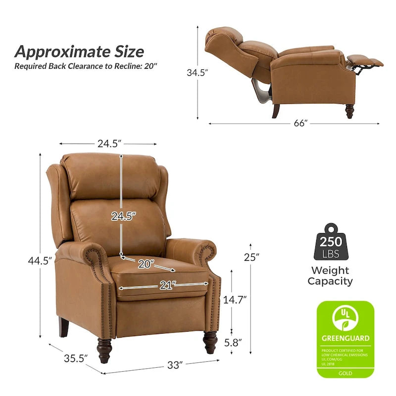Classic Leather Push-Back Recliner Chair with Wingback Nailhead Trim and Turned Wood Legs Set of 2