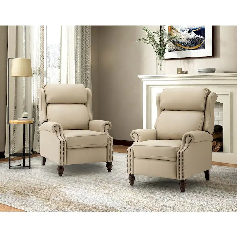 Classic Leather Push-Back Recliner Chair with Wingback Nailhead Trim and Turned Wood Legs Set of 2