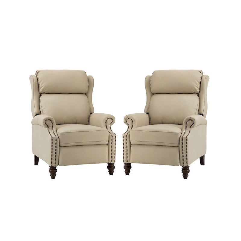 Classic Leather Push-Back Recliner Chair with Wingback Nailhead Trim and Turned Wood Legs Set of 2