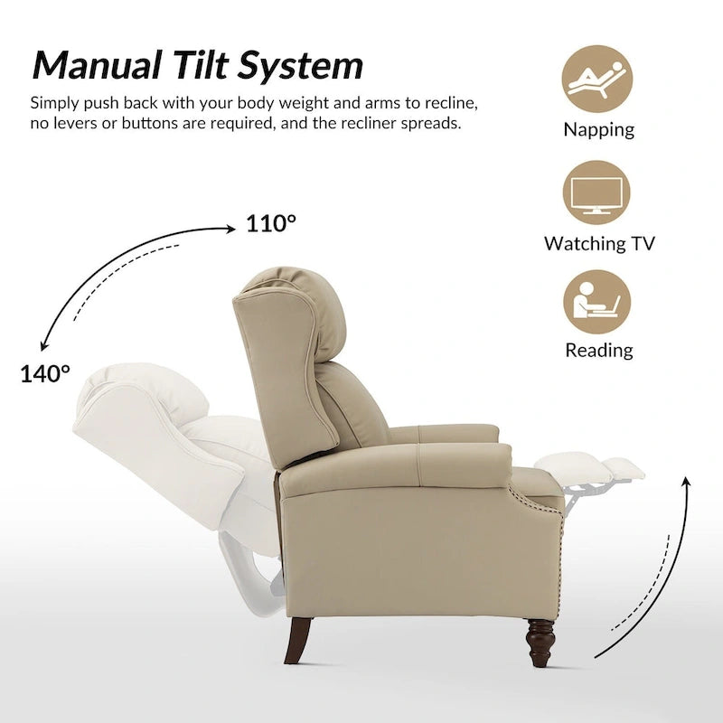 Classic Leather Push-Back Recliner Chair with Wingback Nailhead Trim and Turned Wood Legs Set of 2