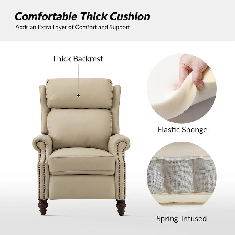 Classic Leather Push-Back Recliner Chair with Wingback Nailhead Trim and Turned Wood Legs Set of 2