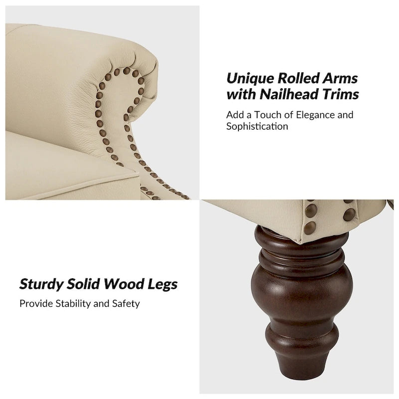 Classic Leather Push-Back Recliner Chair with Wingback Nailhead Trim and Turned Wood Legs Set of 2