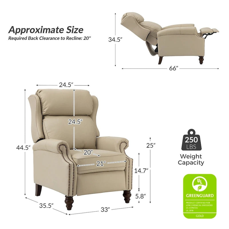 Classic Leather Push-Back Recliner Chair with Wingback Nailhead Trim and Turned Wood Legs Set of 2