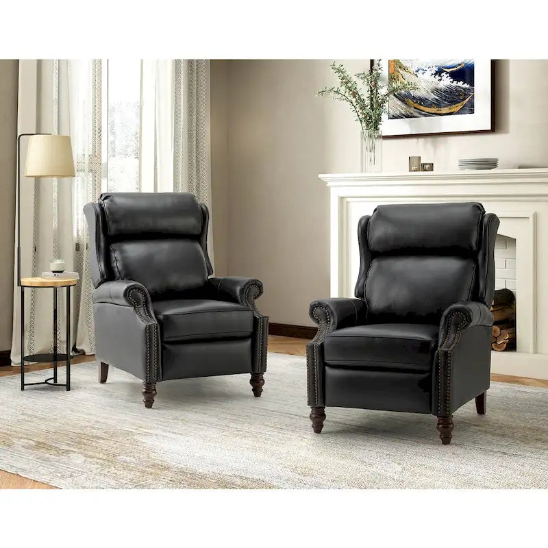 Classic Leather Push-Back Recliner Chair with Wingback Nailhead Trim and Turned Wood Legs Set of 2