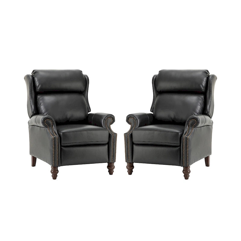 Classic Leather Push-Back Recliner Chair with Wingback Nailhead Trim and Turned Wood Legs Set of 2