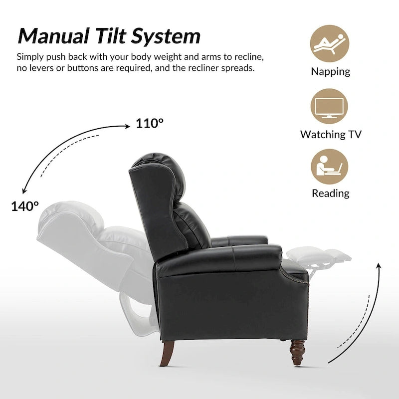 Classic Leather Push-Back Recliner Chair with Wingback Nailhead Trim and Turned Wood Legs Set of 2