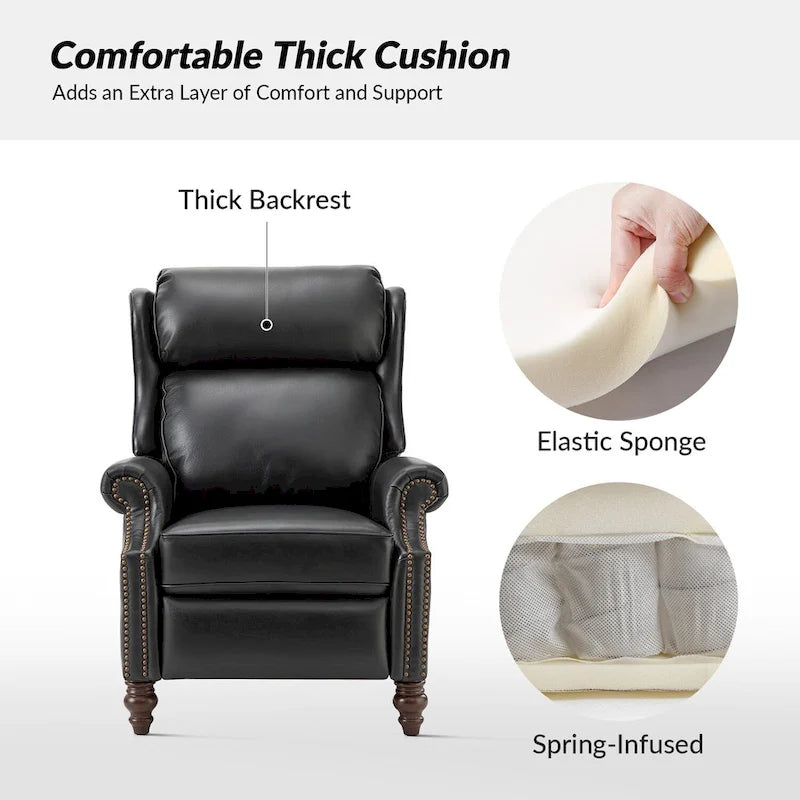 Classic Leather Push-Back Recliner Chair with Wingback Nailhead Trim and Turned Wood Legs Set of 2