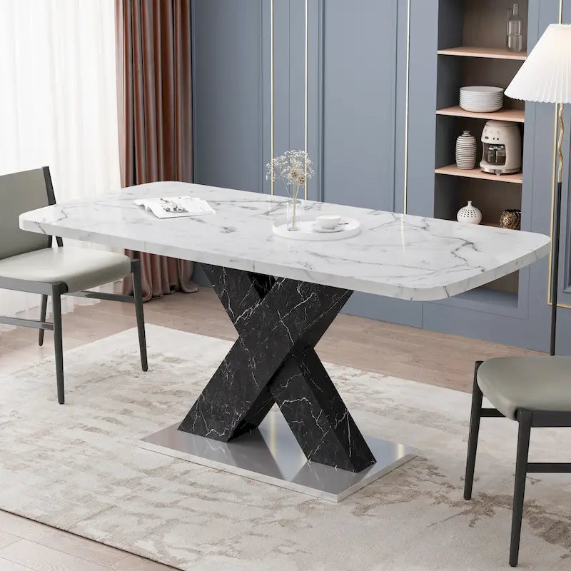Extendable Dining Table with X-Shape MDF Pedestal Base and Metal Feet