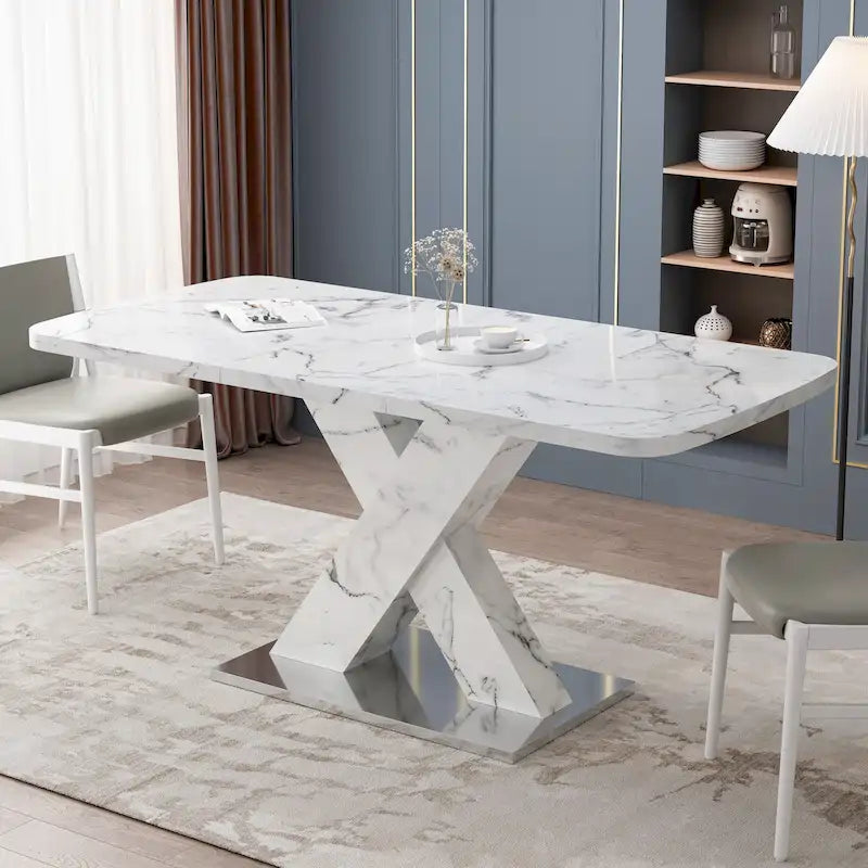 Extendable Dining Table with X-Shape MDF Pedestal Base and Metal Feet