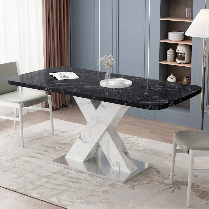 Extendable Dining Table with X-Shape MDF Pedestal Base and Metal Feet