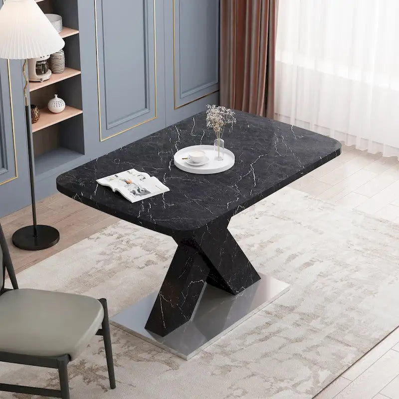 Extendable Dining Table with X-Shape MDF Pedestal Base and Metal Feet