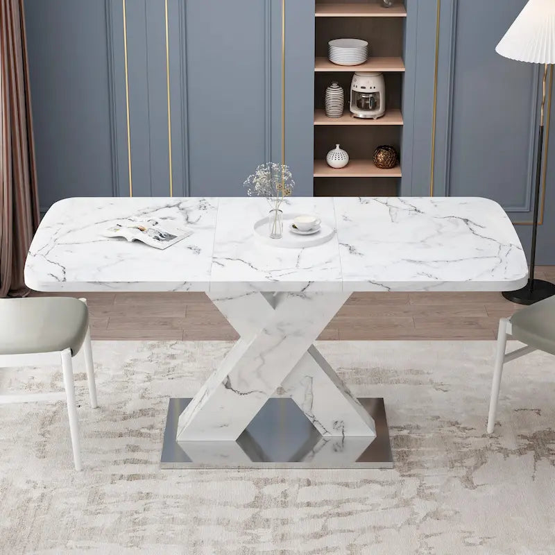 Extendable Dining Table with X-Shape MDF Pedestal Base and Metal Feet