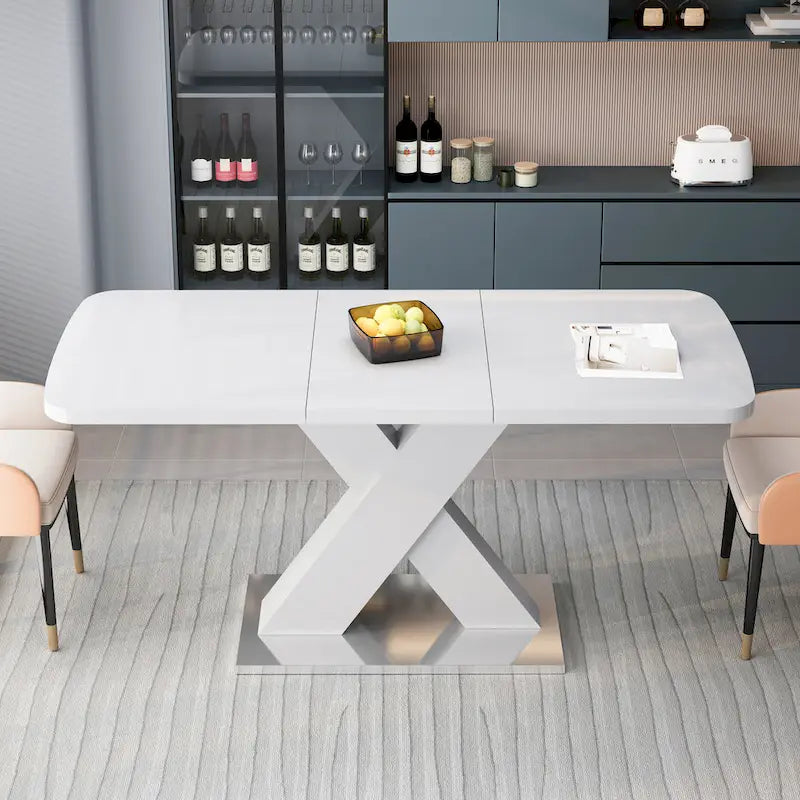 Extendable Dining Table with X-Shape MDF Pedestal Base and Metal Feet