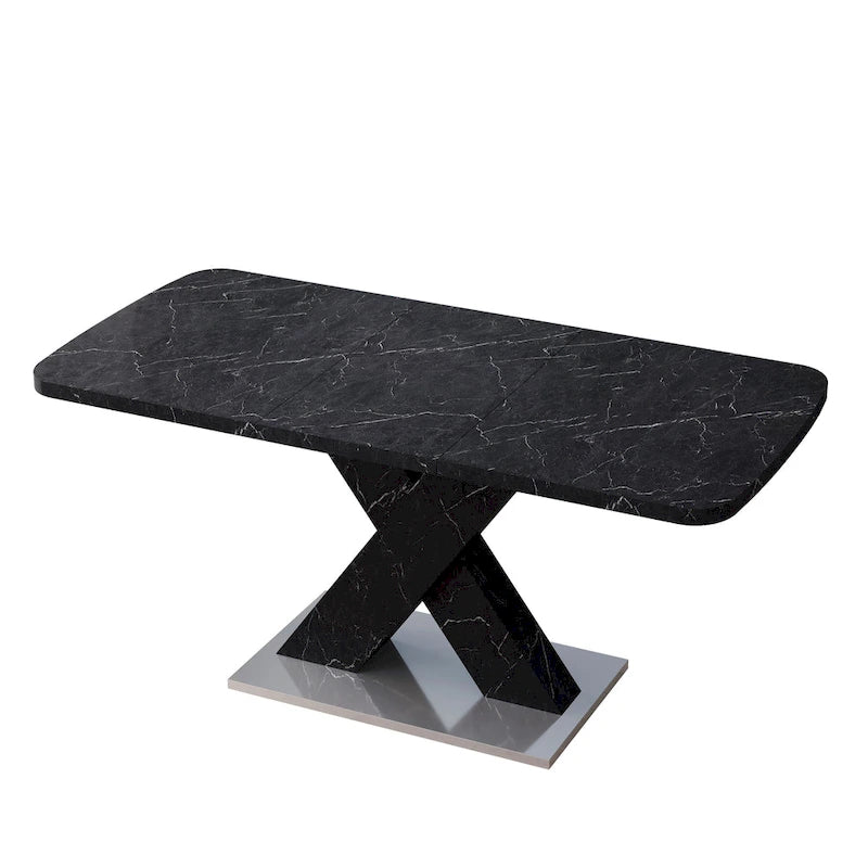 Extendable Dining Table with X-Shape MDF Pedestal Base and Metal Feet
