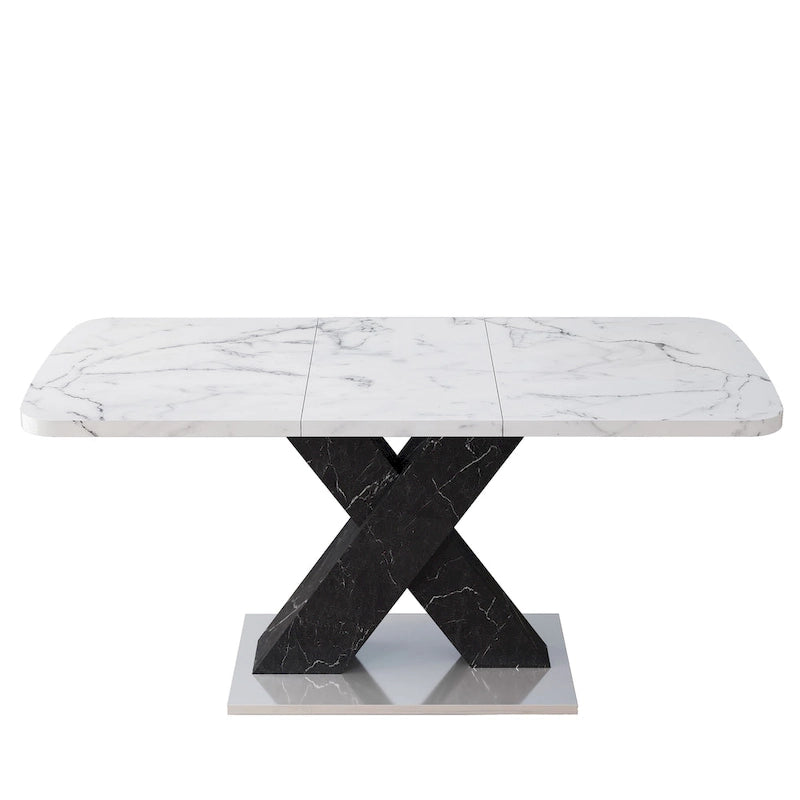 Extendable Dining Table with X-Shape MDF Pedestal Base and Metal Feet