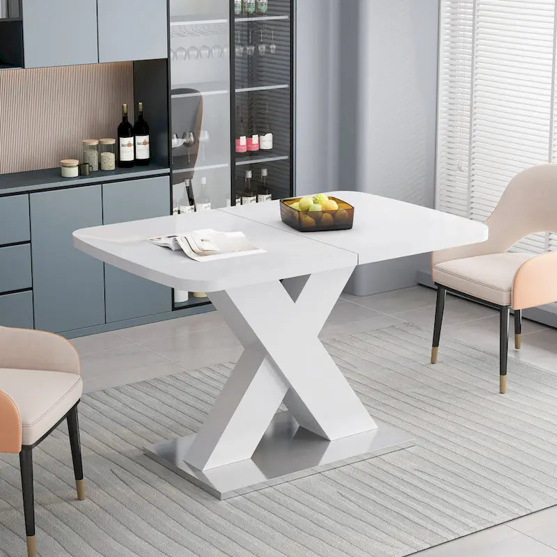 Extendable Dining Table with X-Shape MDF Pedestal Base and Metal Feet