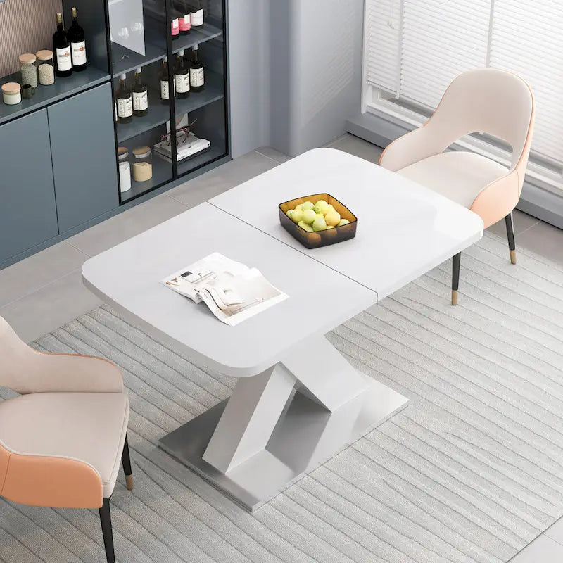 Extendable Dining Table with X-Shape MDF Pedestal Base and Metal Feet