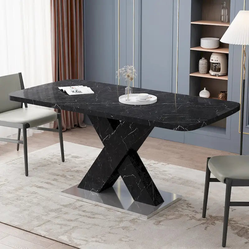 Extendable Dining Table with X-Shape MDF Pedestal Base and Metal Feet