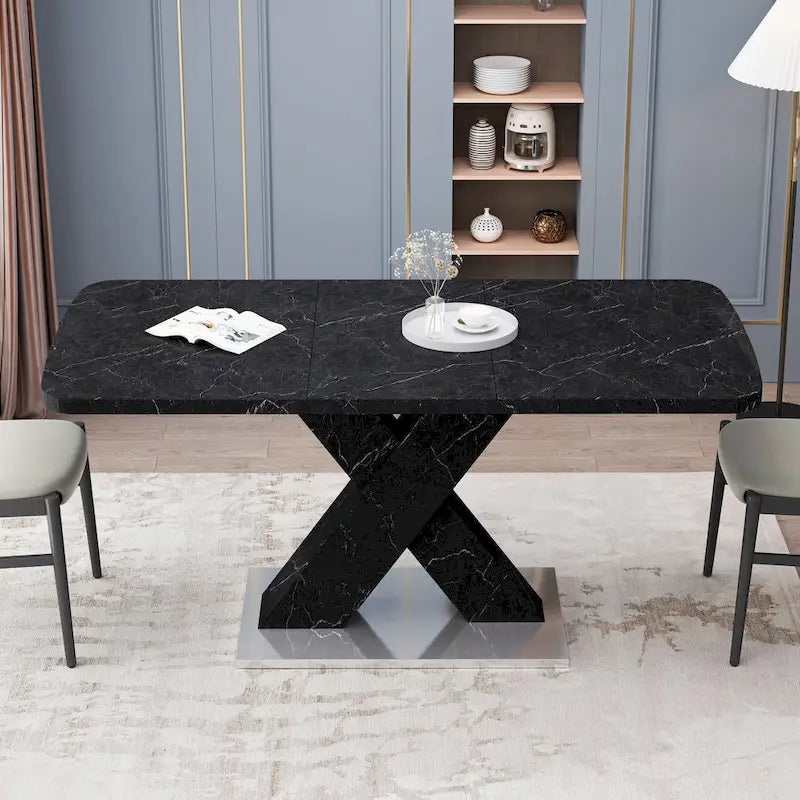 Extendable Dining Table with X-Shape MDF Pedestal Base and Metal Feet