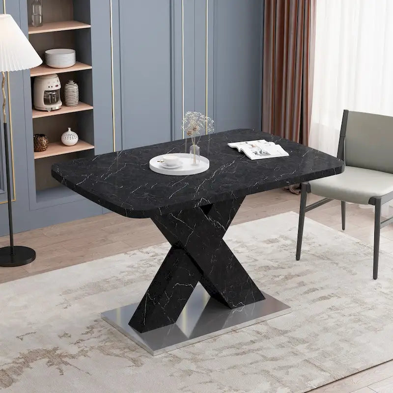 Extendable Dining Table with X-Shape MDF Pedestal Base and Metal Feet