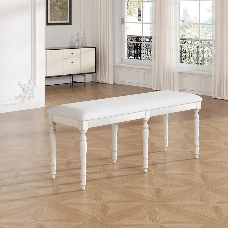 50-Inch Upholstered Dining Bench with 6 Turned Rubberwood Legs and Linen Cushion