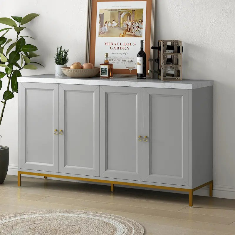 4-Door Sideboard Buffet Cabinet with Faux Marble Top Gold Ring Handles Adjustable Shelves and Metal Legs