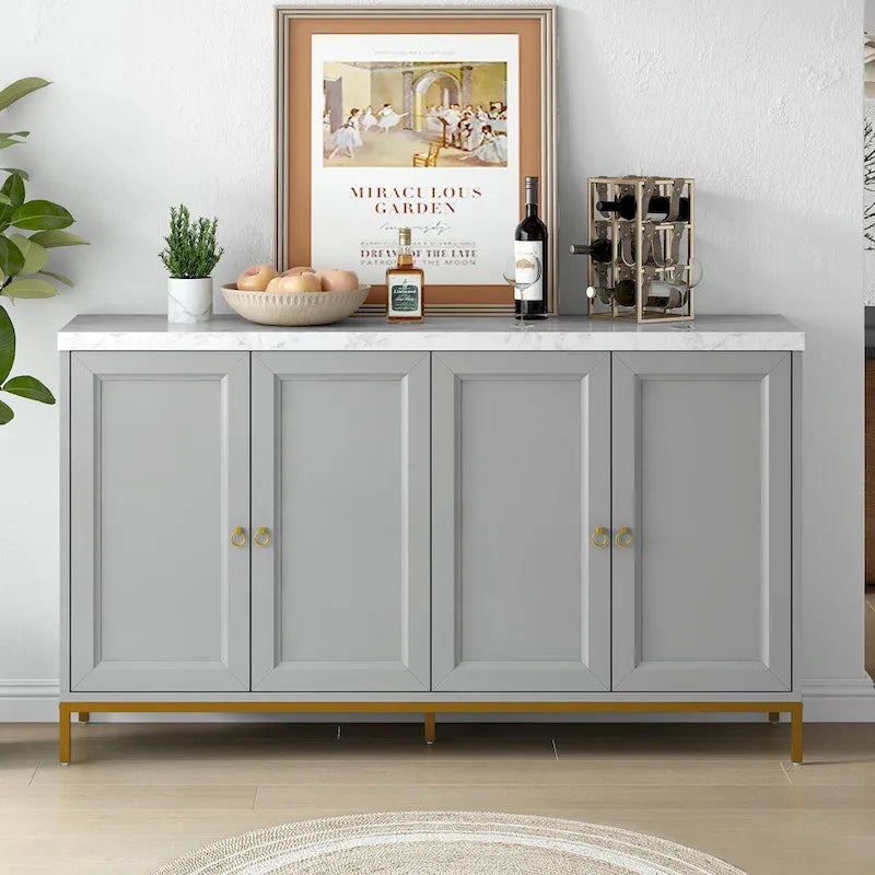 4-Door Sideboard Buffet Cabinet with Faux Marble Top Gold Ring Handles Adjustable Shelves and Metal Legs