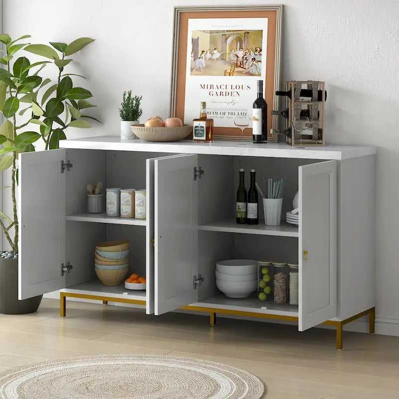 4-Door Sideboard Buffet Cabinet with Faux Marble Top Gold Ring Handles Adjustable Shelves and Metal Legs