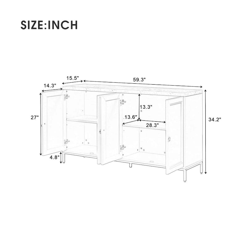 4-Door Sideboard Buffet Cabinet with Faux Marble Top Gold Ring Handles Adjustable Shelves and Metal Legs
