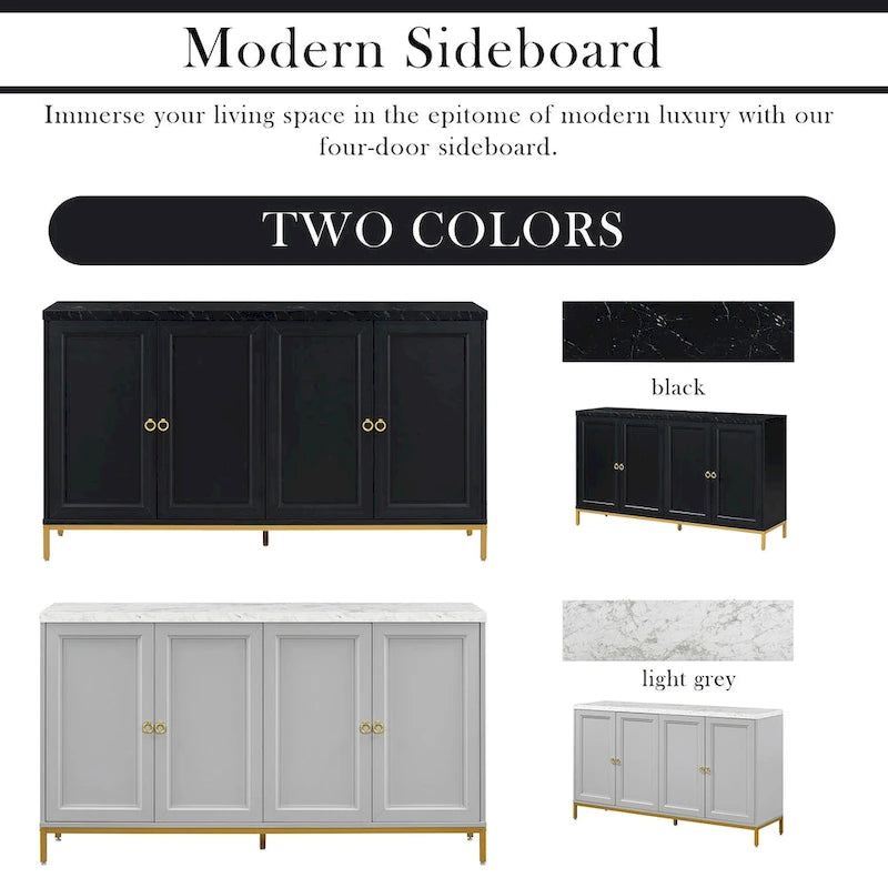 4-Door Sideboard Buffet Cabinet with Faux Marble Top Gold Ring Handles Adjustable Shelves and Metal Legs