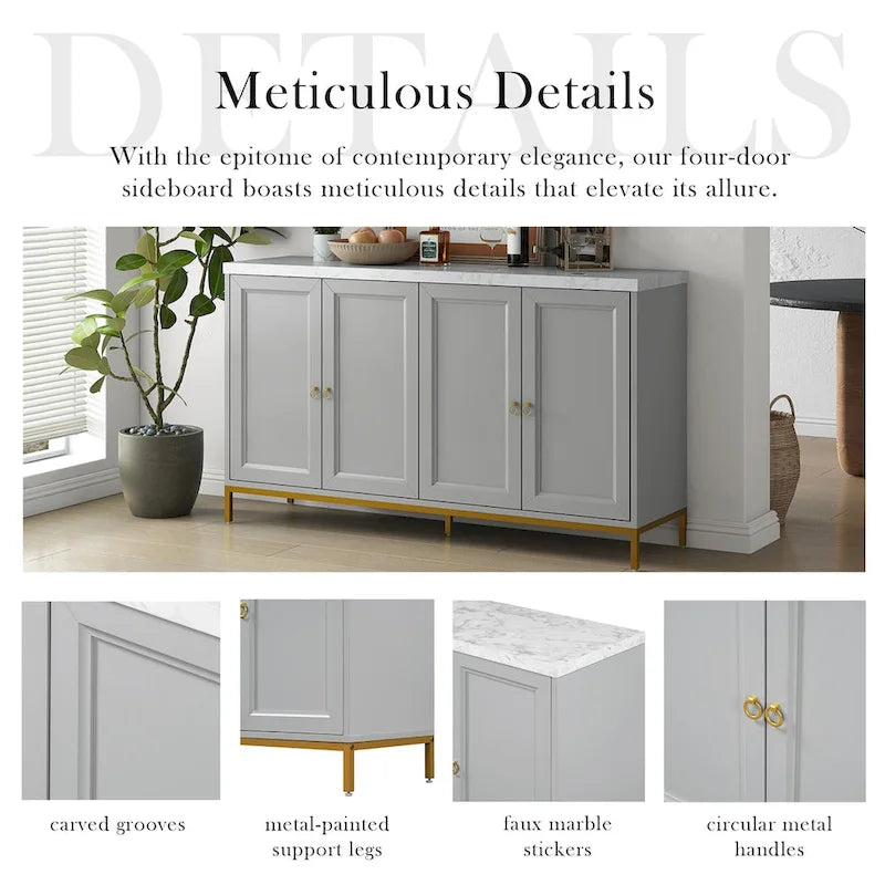 4-Door Sideboard Buffet Cabinet with Faux Marble Top Gold Ring Handles Adjustable Shelves and Metal Legs