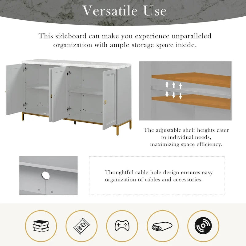 4-Door Sideboard Buffet Cabinet with Faux Marble Top Gold Ring Handles Adjustable Shelves and Metal Legs