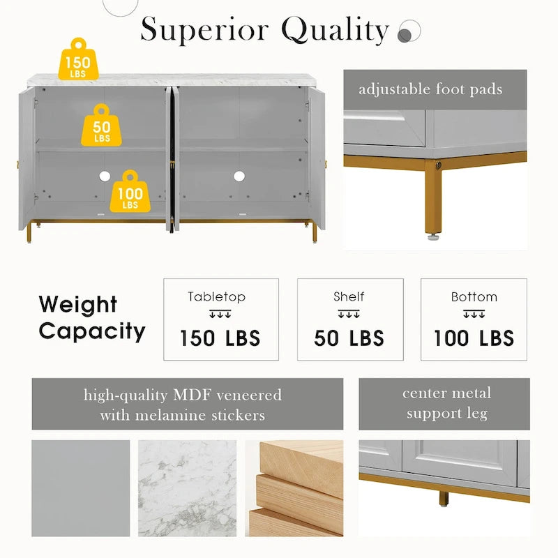 4-Door Sideboard Buffet Cabinet with Faux Marble Top Gold Ring Handles Adjustable Shelves and Metal Legs
