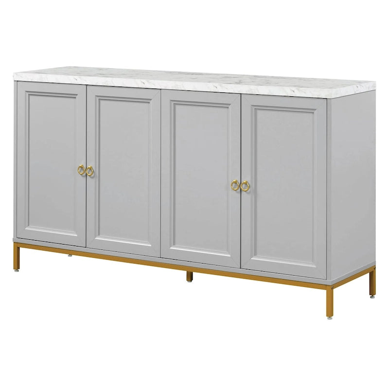 4-Door Sideboard Buffet Cabinet with Faux Marble Top Gold Ring Handles Adjustable Shelves and Metal Legs